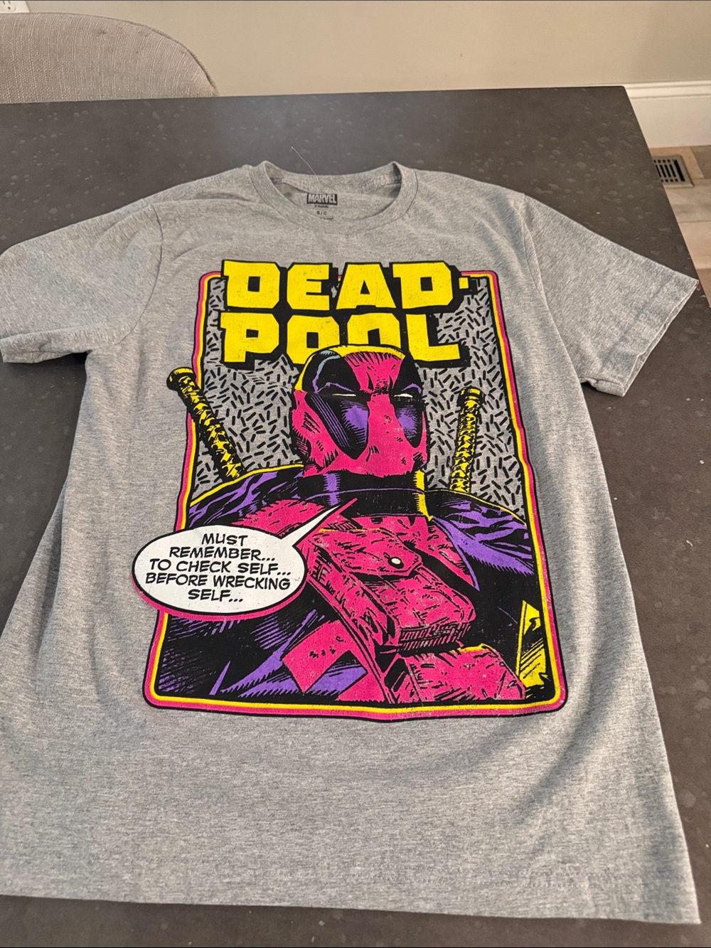Marvel Deadpool Graphic Tee - Gray with Yellow & Pink Print BNWOT